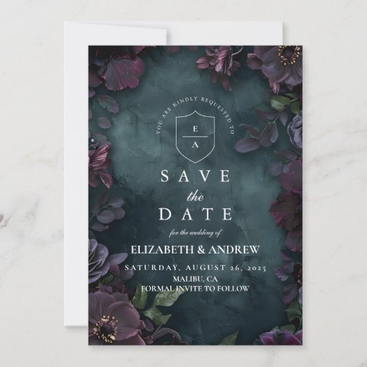 Moody donkere bloemen bruiloft save the date (Voorkant)