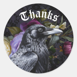 Moody Elegant Paarse   Bloemenboeket met raaf Ronde Sticker