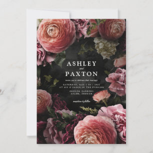 Moody Elegant Pink Floral Bouquet op Black Invit Kaart