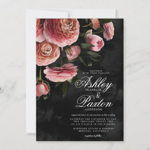 Moody Elegant Pink   Floral Bouquet op Black Invit Kaart