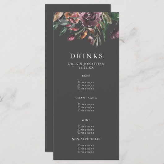 Moody Fall Floral Burst Mariage Boissons Menu (Devant / Derrière)