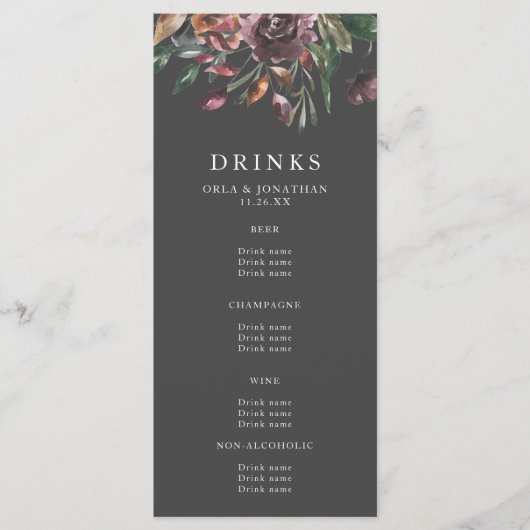 Moody Fall Floral Burst Mariage Boissons Menu (Devant)