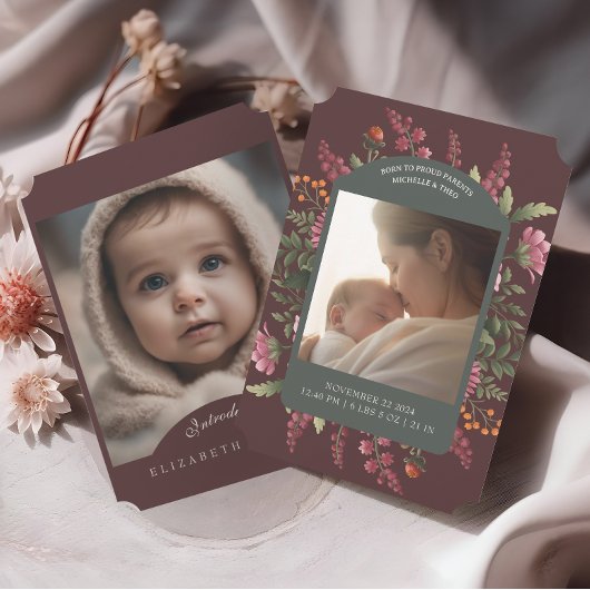 Moody Fall Floral Two Photo Faire-part de naissanc