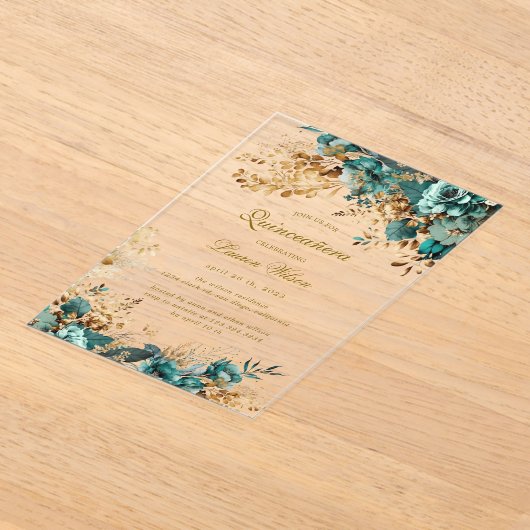 Moody Floral Blauwgroen Quinceañera Acryl Uitnodigingen (Laagn)