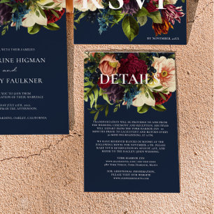 Moody Floral Bourgondië en Navy Trouwgegevens Informatiekaartje