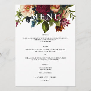 Moody Floral Bourgondië Trouwdiner Menu