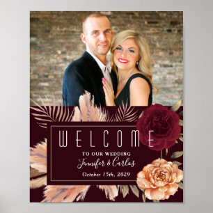 Moody Floral Burgundy Wedding Welcome Poster