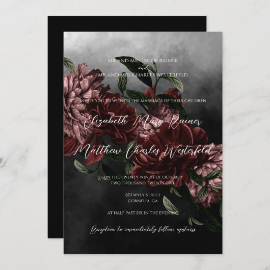 Moody Floral Faire-part de mariage avec code QR (Devant / Derrière)