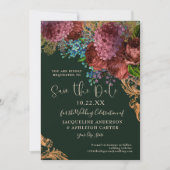 Moody Floral Gold Forest Green Wedding Save The Date (Voorkant)