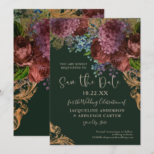Moody Floral Gold Forest Green Wedding Save The Date (Voorkant / Achterkant)