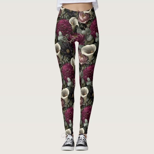 Moody Floral Pattern with Dahlias and Calla Lilies Leggings (Voorkant)