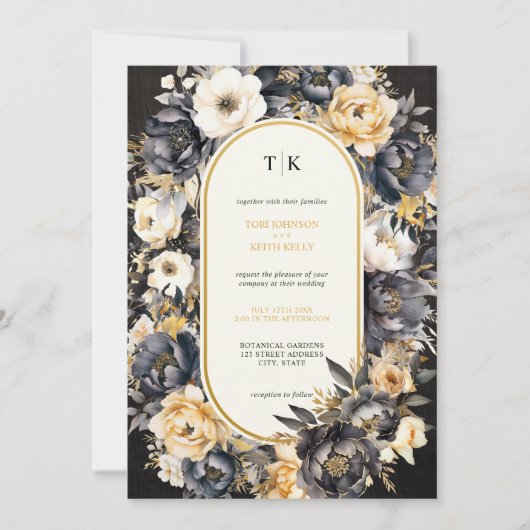 Moody Floral Zwart-Wit QR Code Uitnodiging (Voorkant)
