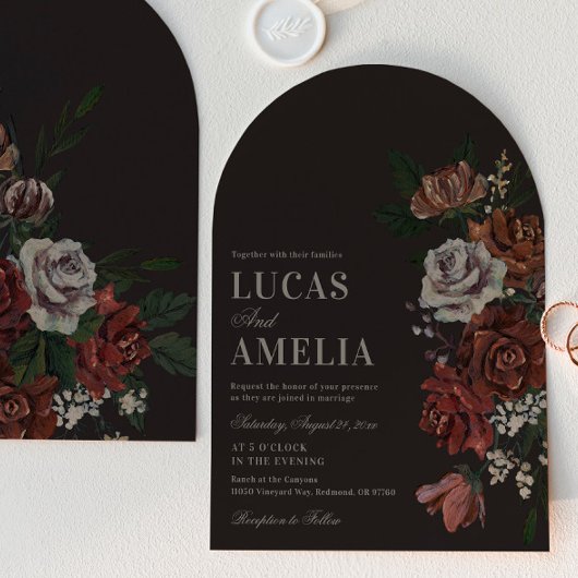 Moody Florals Arch Wedding Invitation