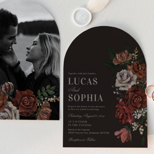 Moody Florals Arch Wedding Invitation