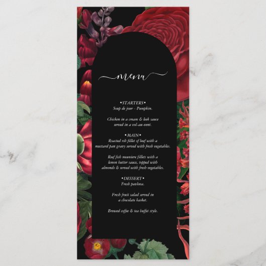 Moody Florals Black Arch Burgundy Red Wedding Menu (Voorkant)