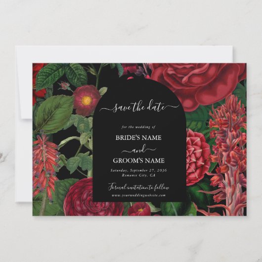 Moody Florals Black Arch Burgundy Red Wedding Save The Date (Voorkant)