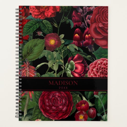 Moody Florals Black & Burgundy Monogram Planner (Voorkant)