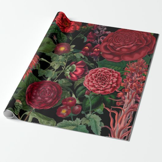 Moody Florals Black en Burgundy Cadeaupapier (Uitgerold)