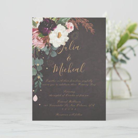 Moody foncé Automne Faire-part de mariage floral (Debout devant)