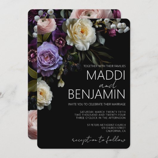 Moody foncé violet Faire-part de mariage floral (Devant / Derrière)
