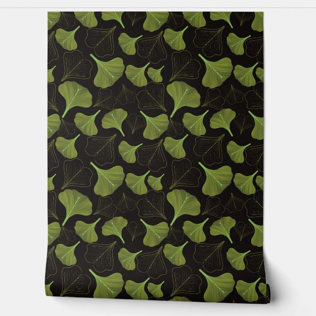 Moody Gingko Zwart Bloemen Patroon Behang (Afrollen)