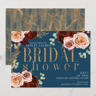Moody Glam Blauwe Gouden Roze Rozen Bruiloft Feest Kaart