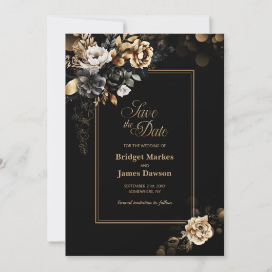 Moody Gold Bloemen Zwart Trouwen Save The Date (Voorkant)