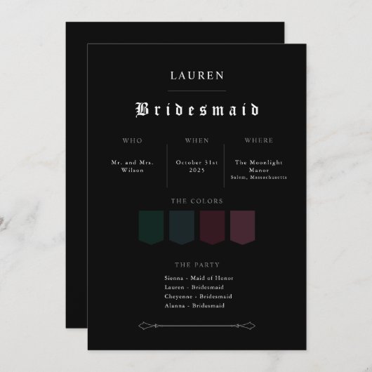 Moody Gothic Bridesmaid Proposal Invitation (Devant / Derrière)