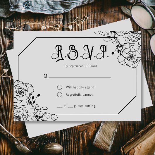 Moody Gothic Floral Grey Wedding Cartes RSVP
