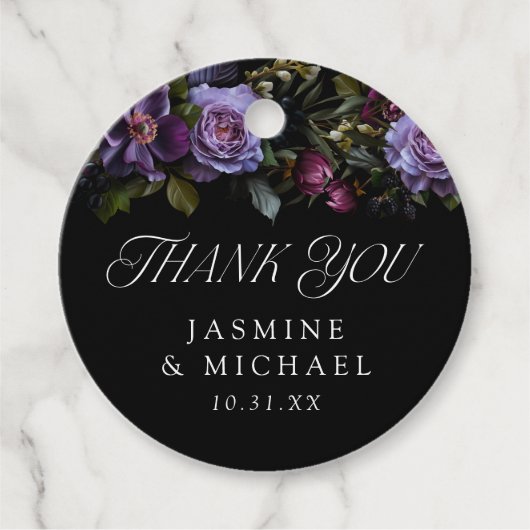 Moody Gothic Paarse Bloemen Bruiloft Dank u Bedankjes Labels (Voorkant)