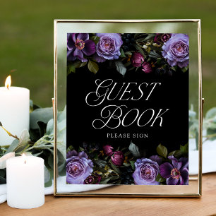 Moody Gothic Paarse Bloemen Bruiloft Gast Boek tek Poster
