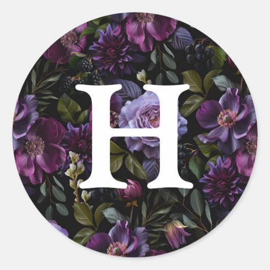 Moody Gothic Paarse Bloemen Bruiloft Monogram Ronde Sticker (Voorkant)