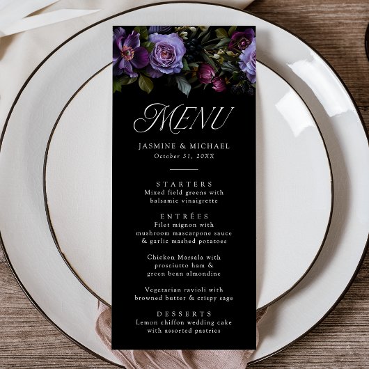 Moody Gothic Paarse bloemenbruiloft Menu