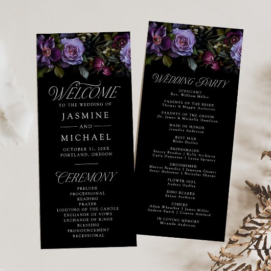 Moody Gothic Purple Floral Wedding Programme