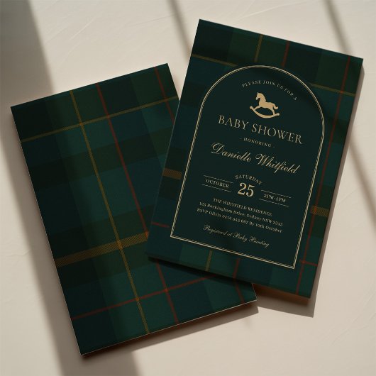 Moody Green Equestrian Plaid Polo Boy Baby Shower Kaart