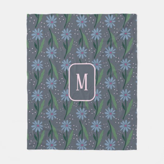 Moody Hand Drawn Retro Blue Daisy Floral Monogram Fleece Deken (Voorkant)
