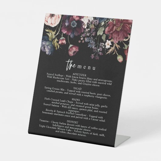 Moody huwelijksmenu, zwart menu, Waterverf Bloemen Reclamebord Met Voetstuk (Voorkant)