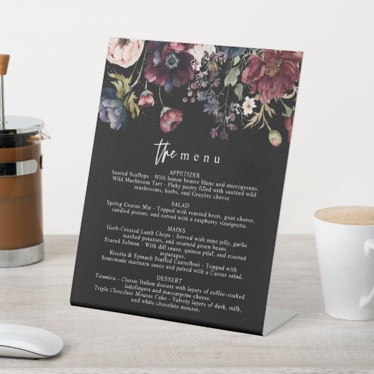 Moody huwelijksmenu, zwart menu, Waterverf Bloemen Reclamebord Met Voetstuk (Insitu)