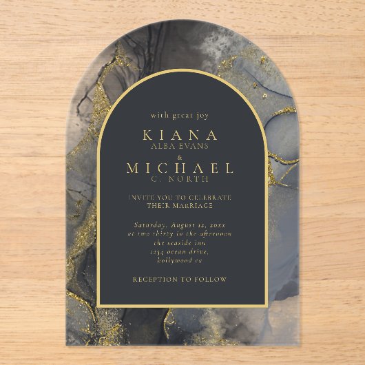 Moody Ink Charcoal Gold Abstract Arch ID988 Acryl Uitnodigingen (Voorkant)