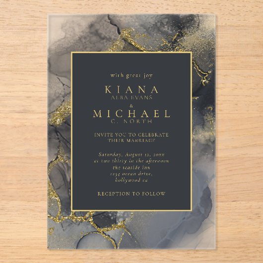 Moody Ink Charcoal Gold Abstract ID988 Acryl Uitnodigingen (Voorkant)