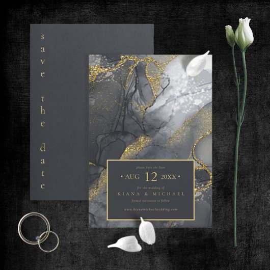 Moody Ink Charcoal Gold Abstract ID988 Save The Date
