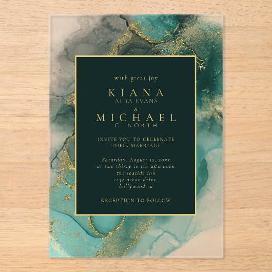 Moody Ink Emerald Gold Abstract ID988 Acryl Uitnodigingen (Voorkant)