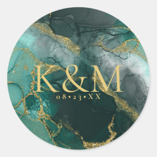 Moody Ink Emerald Gold Abstract ID988 Ronde Sticker