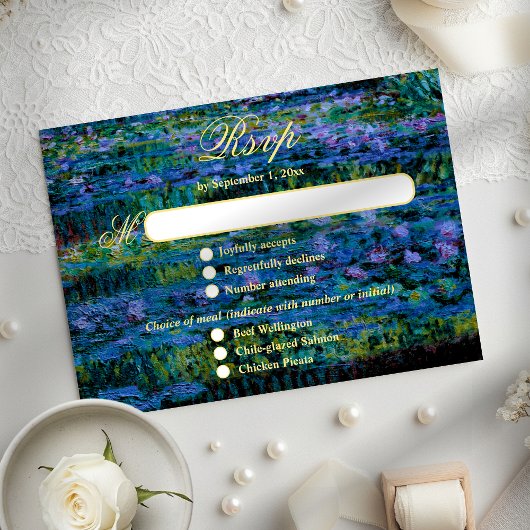 Moody Jewel Tone Monet Lily Pond Art Wedding Meal RSVP Kaartje