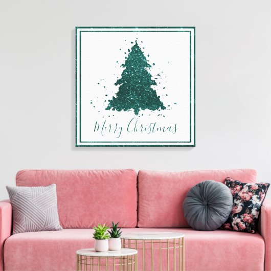 Moody kerstboom | Dark Midnight Blauwgroen Script Canvas Afdruk (Insitu (Woonkamer))