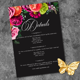 Moody Luxe Floral Vibrant Pink Black Wedding Informatiekaartje