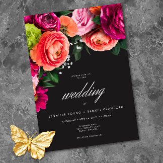 Moody Luxe Floral Vibrant Pink Black Wedding Kaart