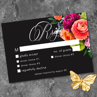 Moody Luxe Floral Vibrant Pink Black Wedding RSVP Kaartje