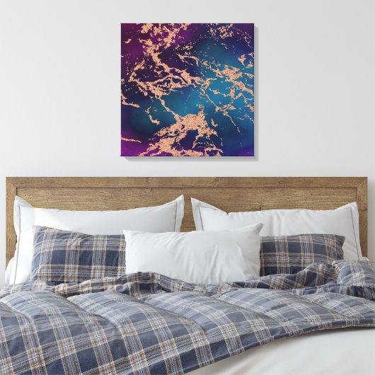 Moody Luxe Marble | Deep Paarse en Blauwgroen Roos Canvas Afdruk (Insitu (Slaapkamer))