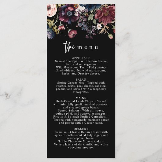 Moody Mariage Menu, Menu Noir, Aquarelle Florale (Devant)